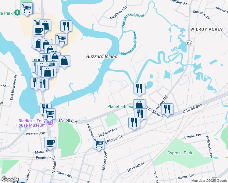 map of restaurants, bars, coffee shops, grocery stores, and more near 103 River Point Drive in Suffolk