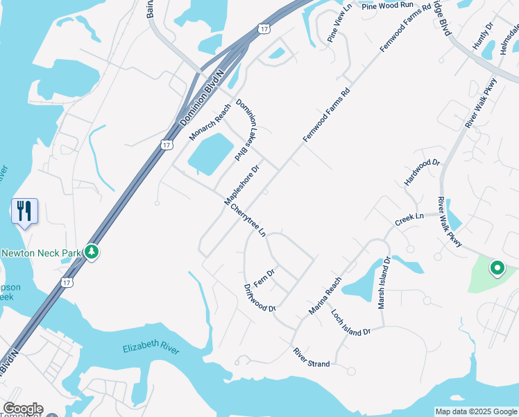 map of restaurants, bars, coffee shops, grocery stores, and more near 409 Fernwood Farms Road in Chesapeake