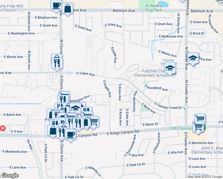 map of restaurants, bars, coffee shops, grocery stores, and more near 225 South Argyle Avenue in Fresno