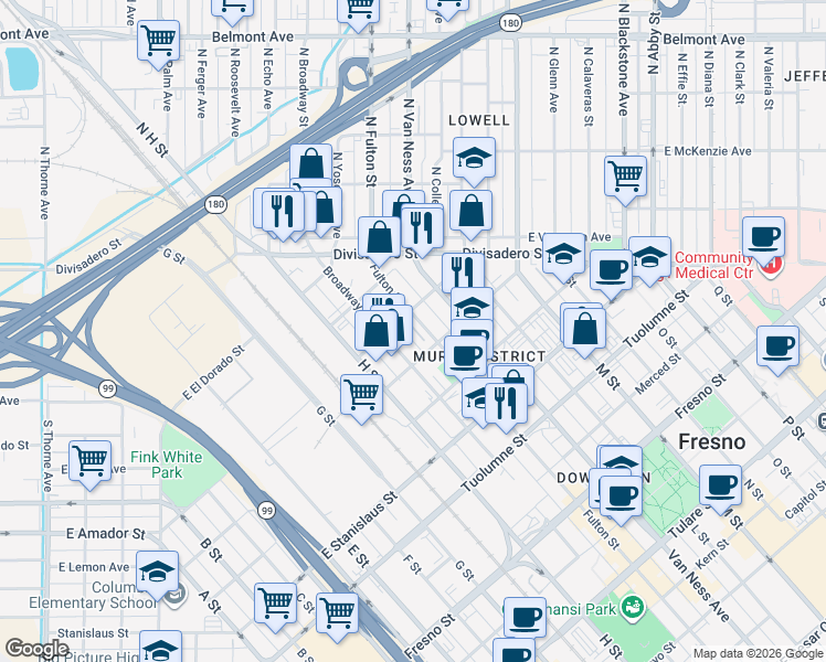 map of restaurants, bars, coffee shops, grocery stores, and more near 1759 Fulton Street in Fresno