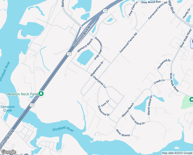 map of restaurants, bars, coffee shops, grocery stores, and more near 400 Fernwood Farms Rd in Chesapeake