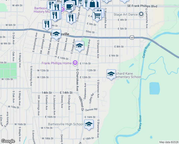 map of restaurants, bars, coffee shops, grocery stores, and more near 509 3/4 East 12th Street in Bartlesville