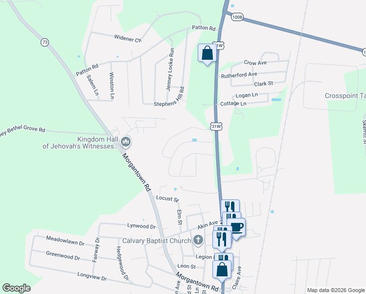 map of restaurants, bars, coffee shops, grocery stores, and more near Hunters Crossing in Franklin