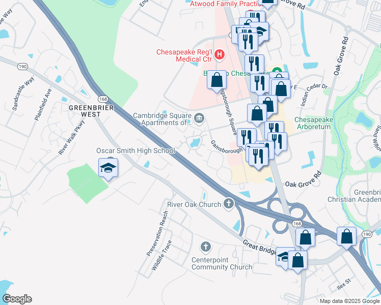 map of restaurants, bars, coffee shops, grocery stores, and more near 317 Wimbledon Chase in Chesapeake