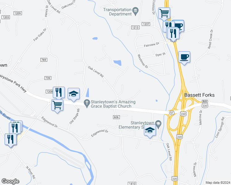 map of restaurants, bars, coffee shops, grocery stores, and more near County Road 606 in Stanleytown