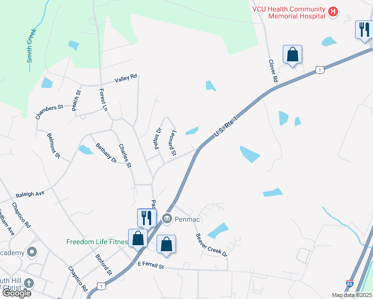 map of restaurants, bars, coffee shops, grocery stores, and more near 1209 Pace Drive in South Hill