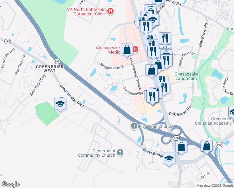 map of restaurants, bars, coffee shops, grocery stores, and more near 400 Bracknell Arch in Chesapeake