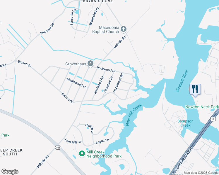 map of restaurants, bars, coffee shops, grocery stores, and more near 1937 Flintshire Drive in Chesapeake