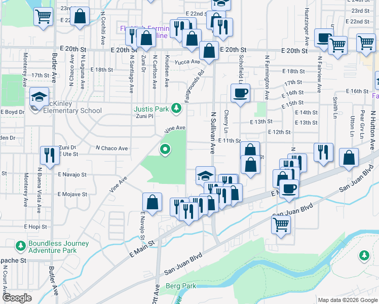 map of restaurants, bars, coffee shops, grocery stores, and more near 1112 Fairgrounds Rd in Farmington
