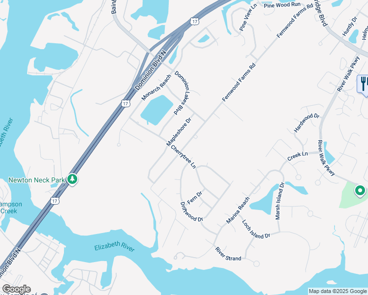 map of restaurants, bars, coffee shops, grocery stores, and more near 407 Fernwood Farms Road in Chesapeake