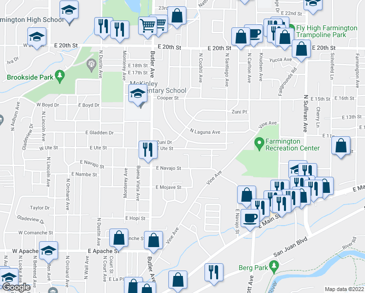 map of restaurants, bars, coffee shops, grocery stores, and more near 1103 Canyon Place in Farmington