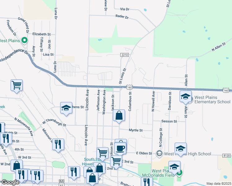 map of restaurants, bars, coffee shops, grocery stores, and more near 1200-1298 Jackson Street in West Plains