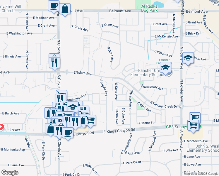 map of restaurants, bars, coffee shops, grocery stores, and more near 225 South Argyle Avenue in Fresno