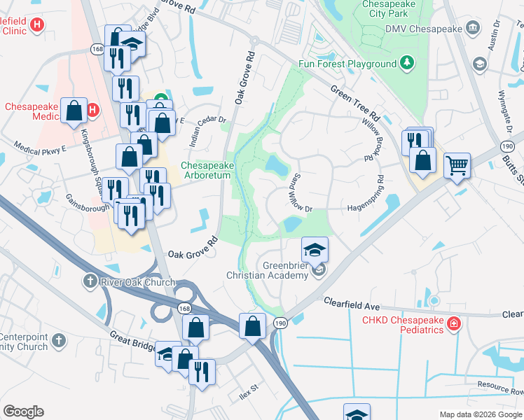 map of restaurants, bars, coffee shops, grocery stores, and more near 616 Shadow Brooke Drive in Chesapeake