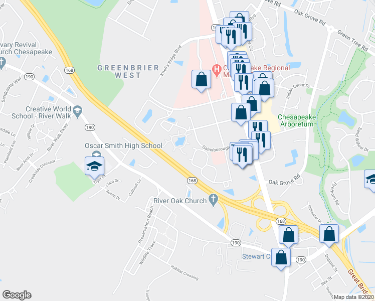 map of restaurants, bars, coffee shops, grocery stores, and more near 300 Sabal Palm Lane in Chesapeake