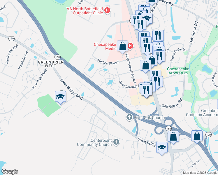 map of restaurants, bars, coffee shops, grocery stores, and more near 317 Wimbledon Chase in Chesapeake