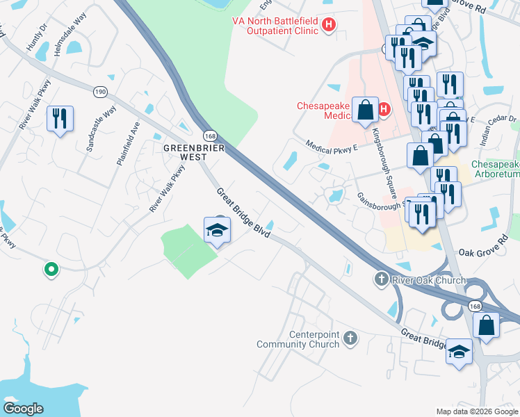 map of restaurants, bars, coffee shops, grocery stores, and more near 401 Jenna Court in Chesapeake