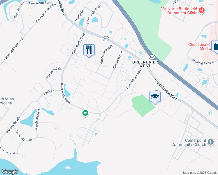 map of restaurants, bars, coffee shops, grocery stores, and more near 504 River Arch Court in Chesapeake