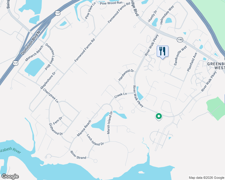 map of restaurants, bars, coffee shops, grocery stores, and more near 736 Tupelo Crossing in Chesapeake