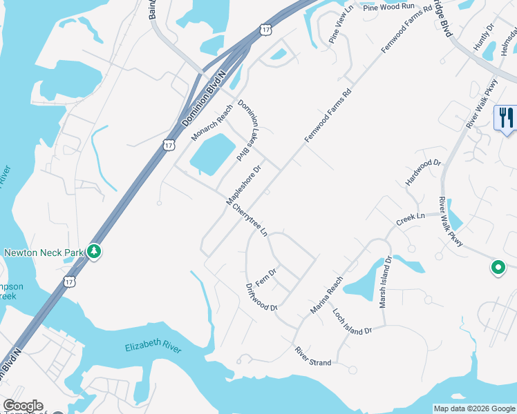 map of restaurants, bars, coffee shops, grocery stores, and more near 349 Driftwood Drive in Chesapeake