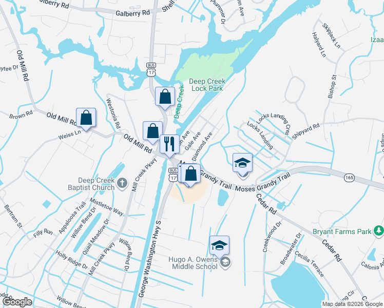 map of restaurants, bars, coffee shops, grocery stores, and more near 100A Diamond Avenue in Chesapeake