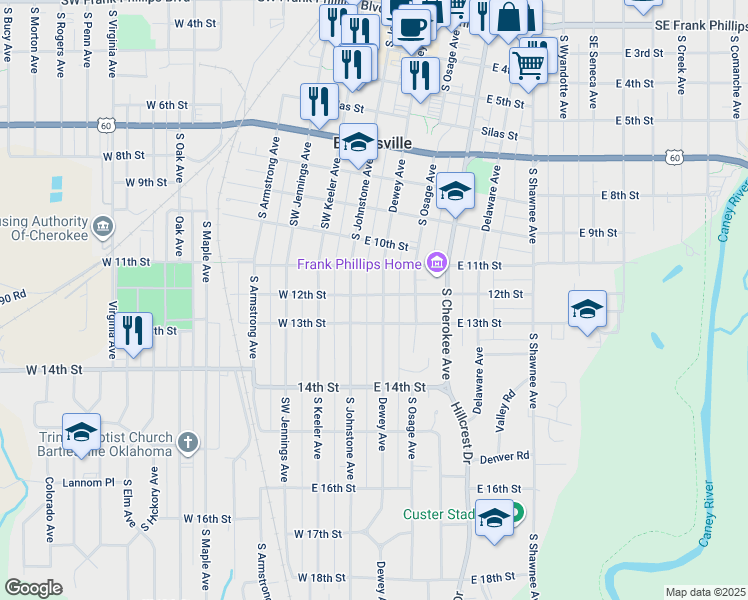 map of restaurants, bars, coffee shops, grocery stores, and more near 1210 South Johnstone Avenue in Bartlesville
