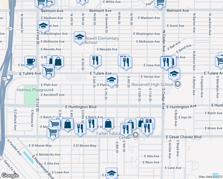 map of restaurants, bars, coffee shops, grocery stores, and more near 3750 East Platt Avenue in Fresno