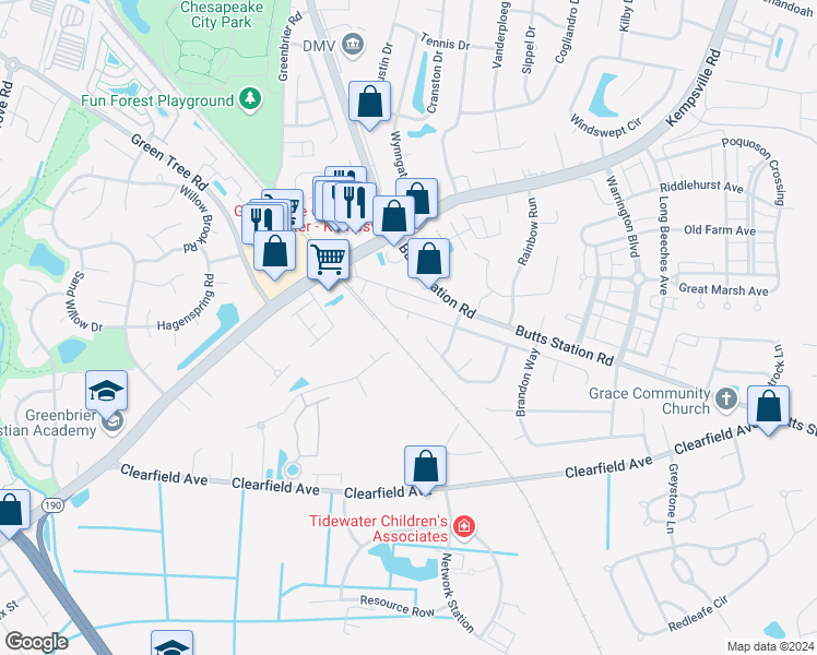 map of restaurants, bars, coffee shops, grocery stores, and more near 815 Bowling Green Trail in Chesapeake