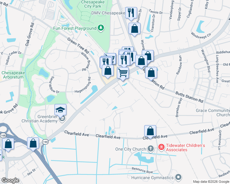 map of restaurants, bars, coffee shops, grocery stores, and more near 801 Tiffany Green Court in Chesapeake