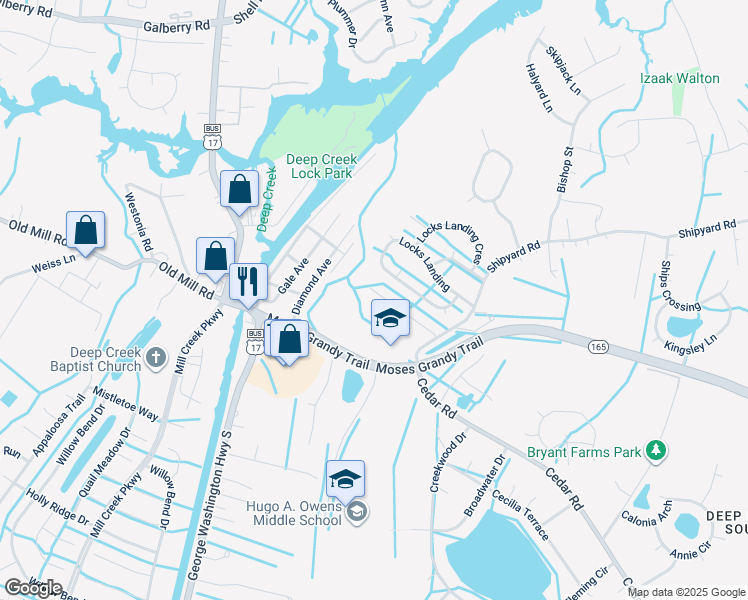 map of restaurants, bars, coffee shops, grocery stores, and more near 2841 Cedar Cove Lane in Chesapeake