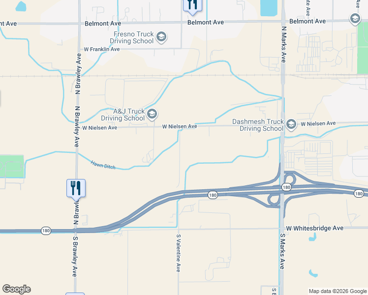 map of restaurants, bars, coffee shops, grocery stores, and more near 304 North Valentine Avenue in Fresno