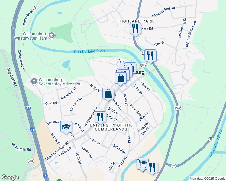 map of restaurants, bars, coffee shops, grocery stores, and more near 510 Main Street in Williamsburg