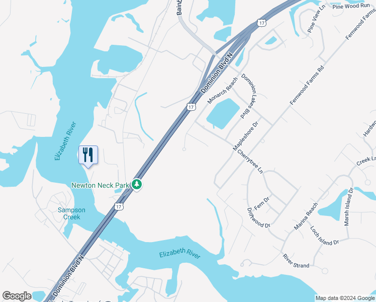 map of restaurants, bars, coffee shops, grocery stores, and more near 1203 Monarch Reach in Chesapeake