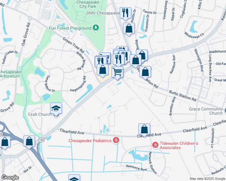 map of restaurants, bars, coffee shops, grocery stores, and more near Tanners Green Court in Chesapeake