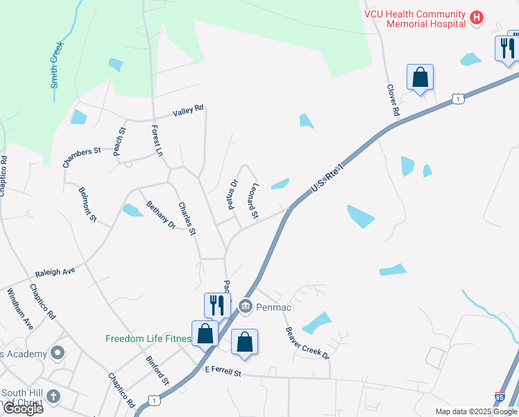 map of restaurants, bars, coffee shops, grocery stores, and more near 1209 Pace Drive in South Hill