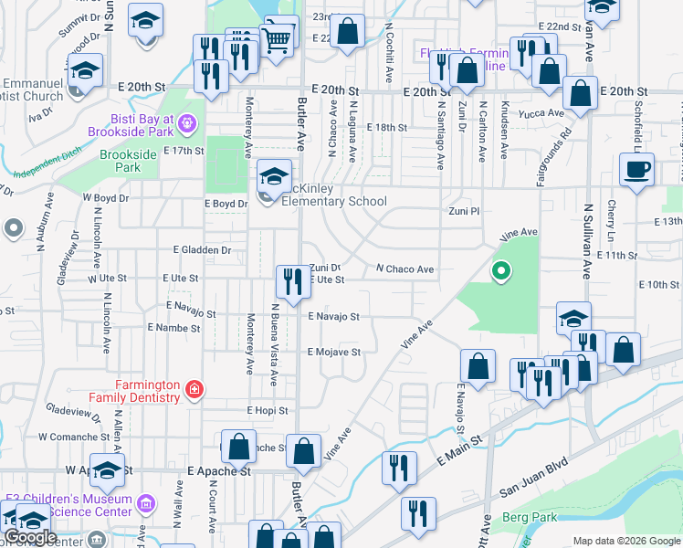 map of restaurants, bars, coffee shops, grocery stores, and more near 900 East Ute Street in Farmington