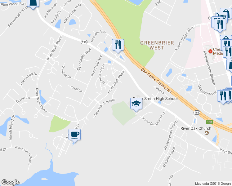 map of restaurants, bars, coffee shops, grocery stores, and more near 623 Creekside Court in Chesapeake