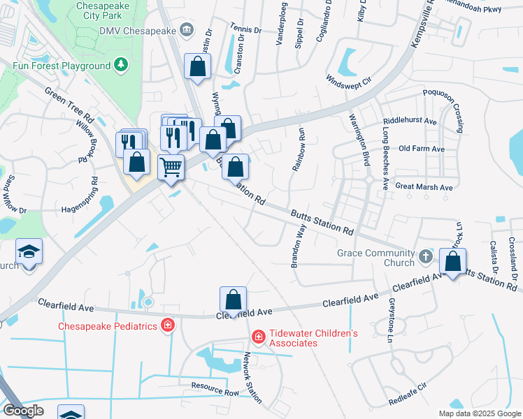 map of restaurants, bars, coffee shops, grocery stores, and more near 904 Bowling Green Trail in Chesapeake