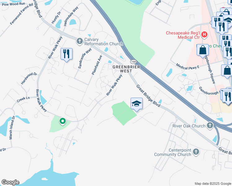 map of restaurants, bars, coffee shops, grocery stores, and more near 623 Creekside Court in Chesapeake