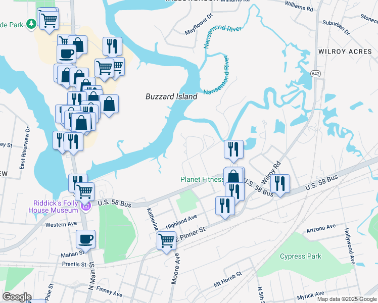 map of restaurants, bars, coffee shops, grocery stores, and more near 103 River Point Drive in Suffolk