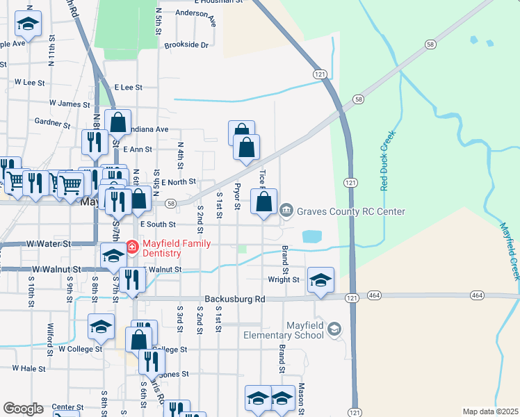map of restaurants, bars, coffee shops, grocery stores, and more near 725 East South Street in Mayfield
