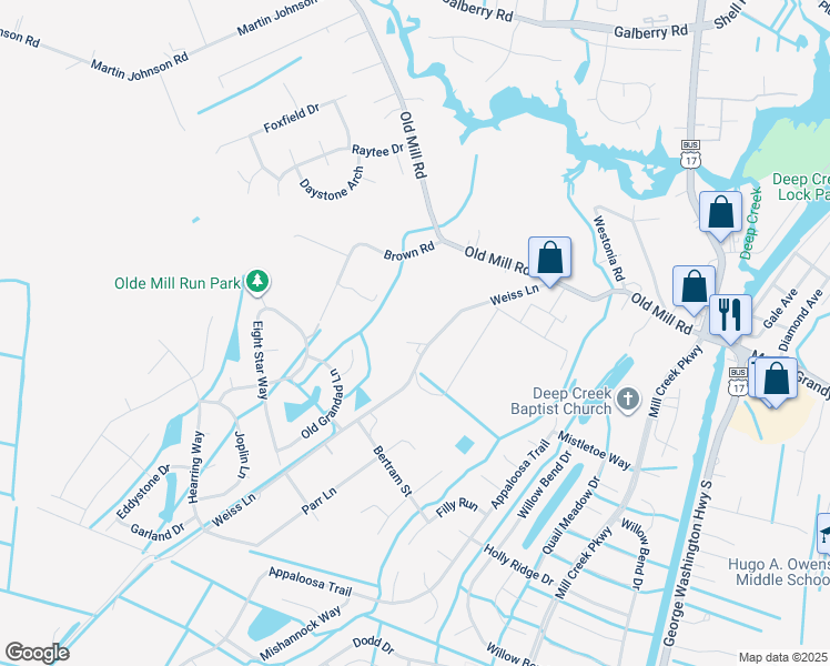 map of restaurants, bars, coffee shops, grocery stores, and more near 3308 Weiss Lane in Chesapeake