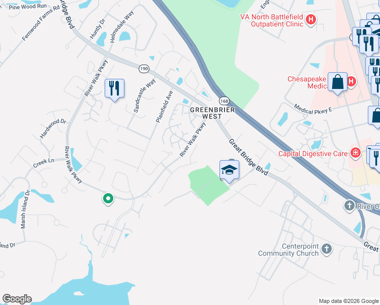 map of restaurants, bars, coffee shops, grocery stores, and more near 642 Creekside Court in Chesapeake