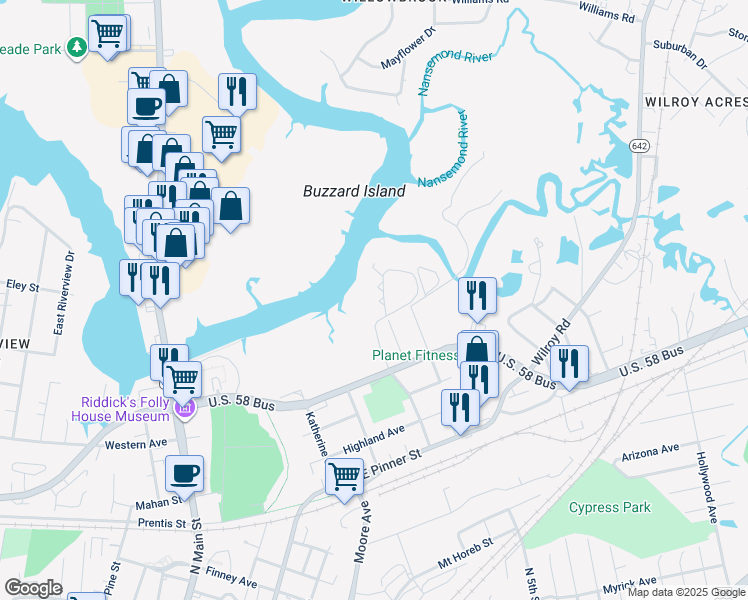 map of restaurants, bars, coffee shops, grocery stores, and more near 122 River Point Drive in Suffolk