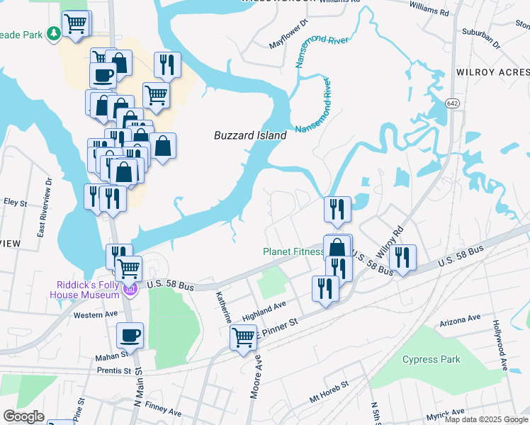 map of restaurants, bars, coffee shops, grocery stores, and more near 122 River Point Drive in Suffolk