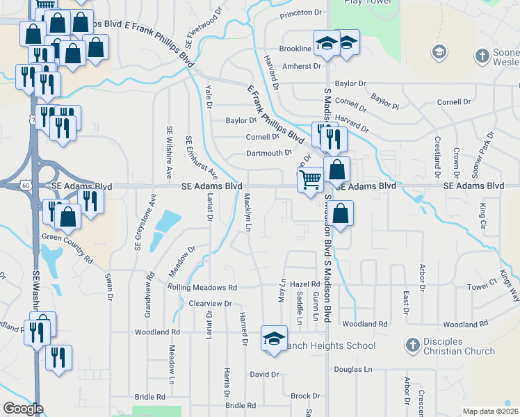 map of restaurants, bars, coffee shops, grocery stores, and more near 923 Leisure Lane in Bartlesville