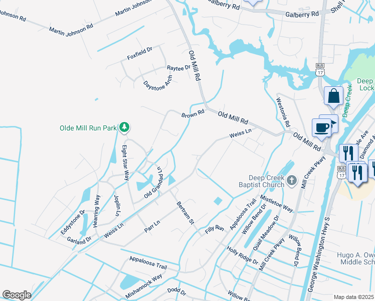 map of restaurants, bars, coffee shops, grocery stores, and more near 3308 Weiss Lane in Chesapeake