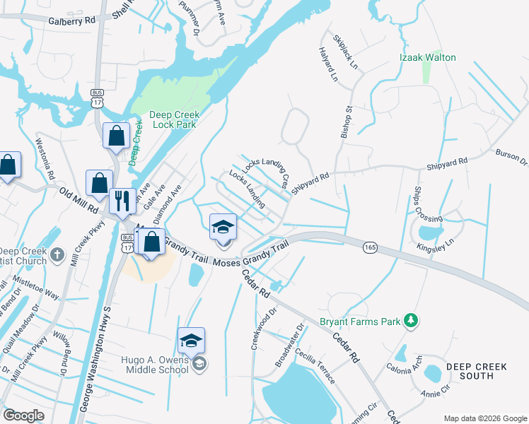 map of restaurants, bars, coffee shops, grocery stores, and more near 2409 Locks Landing in Chesapeake
