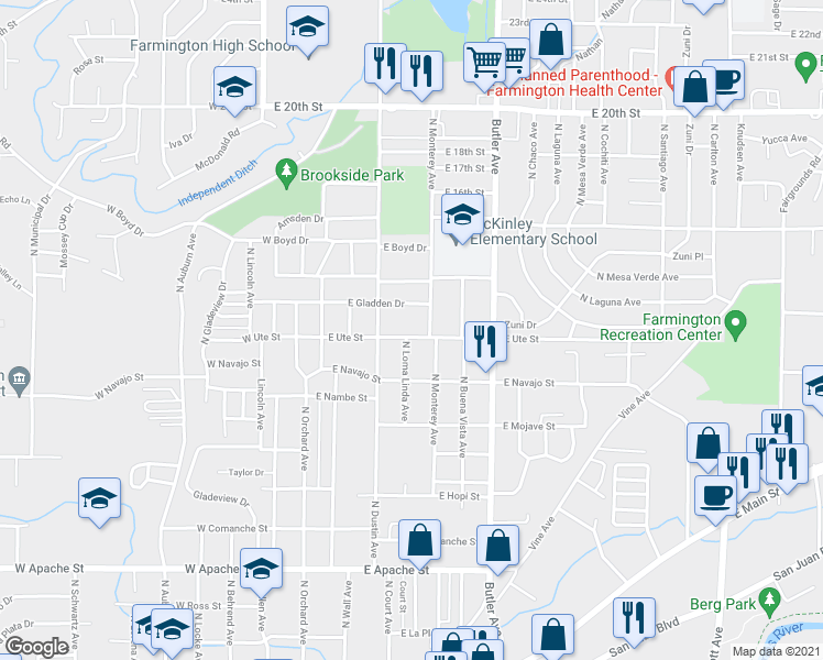 map of restaurants, bars, coffee shops, grocery stores, and more near 404 East Ute Street in Farmington