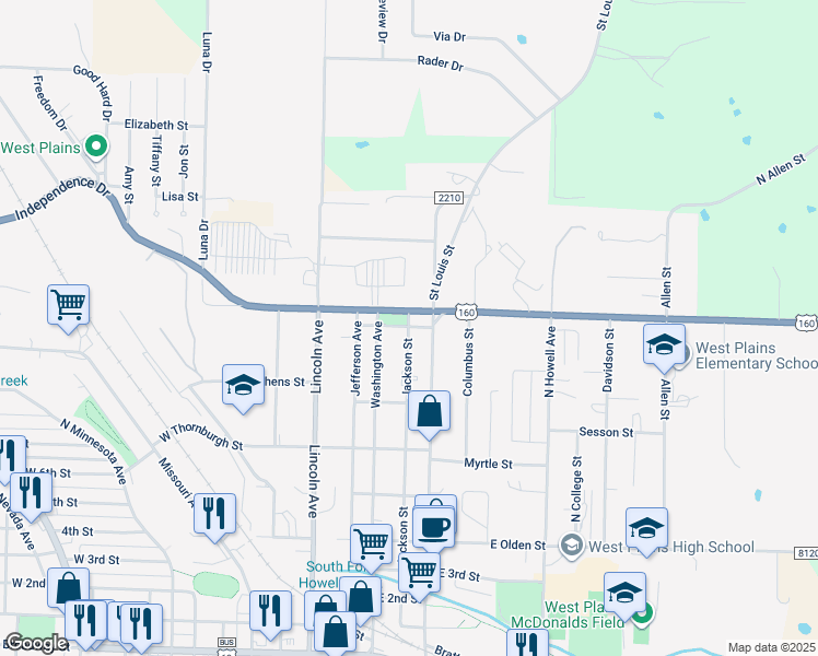 map of restaurants, bars, coffee shops, grocery stores, and more near 1298 Jackson Street in West Plains